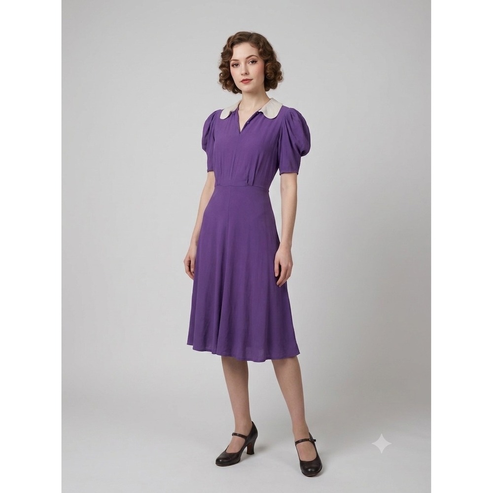Vintage 1930s 1940s Purple Crepe Day Dress Puff Sleeve Talon Zipper AS IS 23W